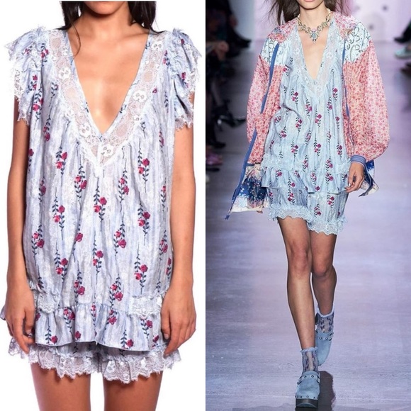 Anna Sui Tops - NWT 2pc SET🌹 SS20 Long Stem Roses Silk Tunic Blouse Matching Shorts -Cornflower